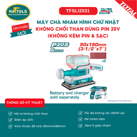 Máy chà nhám hình chữ nhật không chổi than dùng pin 20V (không kèm pin & sạc) - TFSLI2031