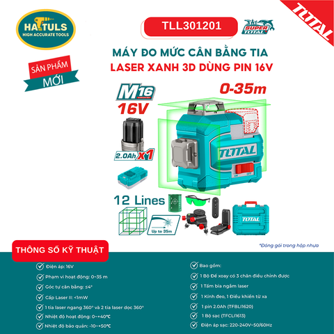 Máy đo mức cân bằng tia laser xanh 3D dùng pin 16V - TLL301201