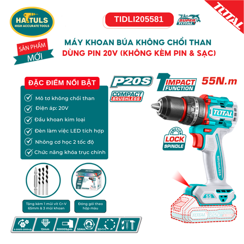 Máy khoan búa không chổi than dùng pin 20V (không kèm pin & sạc) - TIDLI205581