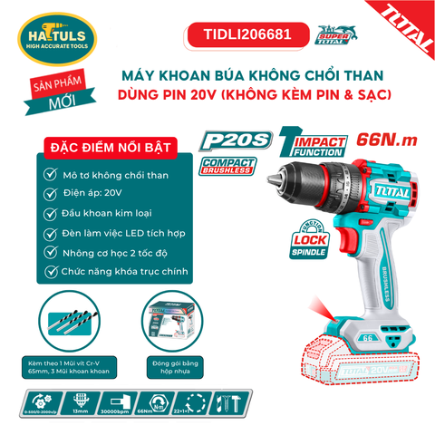 Máy khoan búa không chổi than dùng pin 20V (không kèm pin & sạc) - TIDLI206681