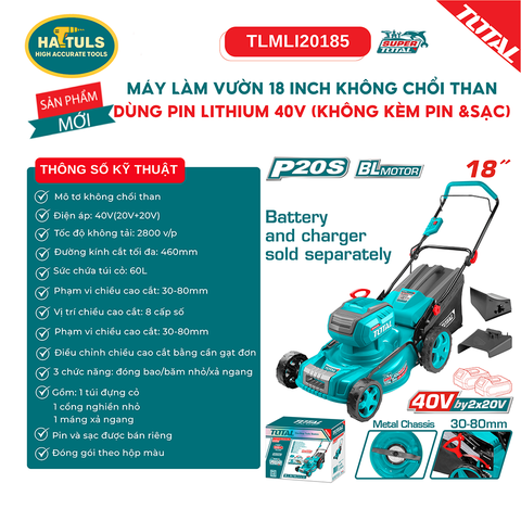 Máy làm vườn 18 inch không chổi than dùng 2 pin 20V (không kèm pin & sạc) - TLMLI20185