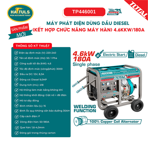 Máy phát điện dùng dầu diesel (kết hợp chức năng máy hàn) 4.6kW/ 180A - TP446001