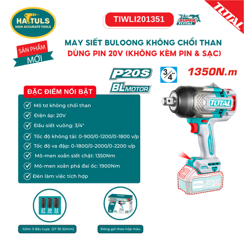 Máy siết bulong không chổi than dùng pin 20V (không kèm pin & sạc) - TIWLI201351