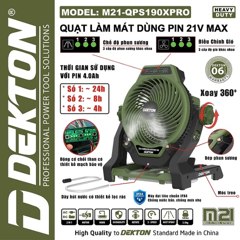 Quạt Dùng Pin 21V 7.5m/s Dekton M21-QPS190XPRO