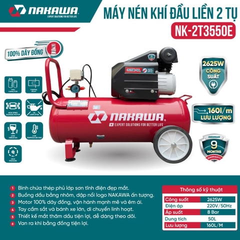 Máy Nén Khí đầu liền 2 tụ NAKAWA NK-2T3550E 2625W 50L