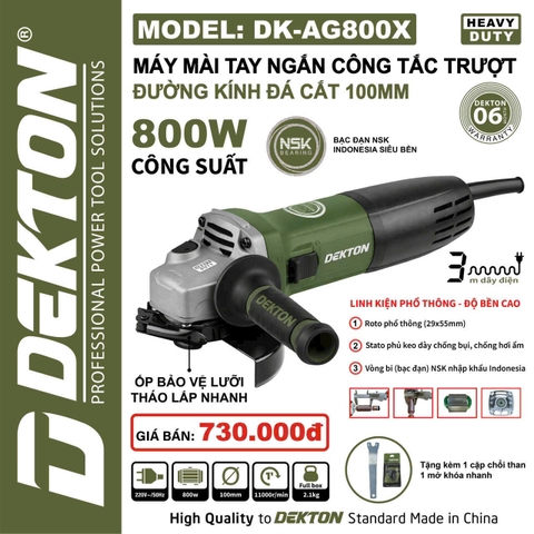 Máy mài tay ngắn công tắc trượt Dekton DK-AG800X 800W đường kính đá cắt 100mm