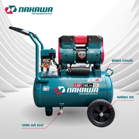 Máy nén khí không dầu, tốc nhanh, siêu êm NAKAWA NK-32H32PRO - 32 lít
