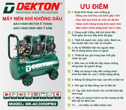 Máy nén khí không dầu Dekton DK-AC3950PRO