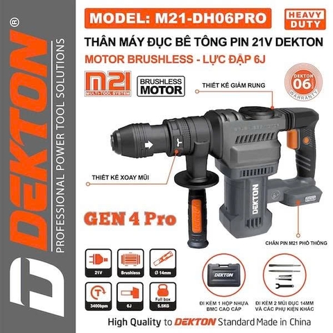 Thân Máy đục Bê Tông Dùng Pin 21V Dekton M21-DH06PRO, Lực đập 6J