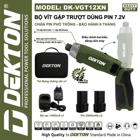 Bộ Vít Gập Trượt Dùng Pin 7.2V DEKTON DK-VGT12XN Oliu, Pin 2000mAh X2