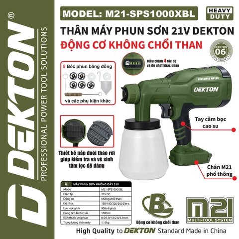 MÁY PHUN SƠN KHÔNG CHỔI THAN 21V DEKTON - PHIÊN BẢN NÂNG CẤP M21-SPS1000XBL (Màu Olive)