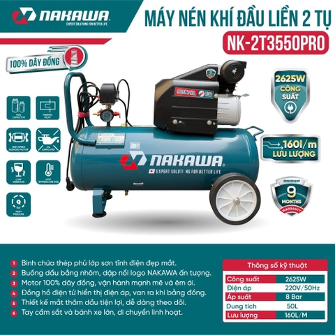 Máy Nén Khí đầu liền 2 tụ NAKAWA NK-2T3550PRO 2625W 50L