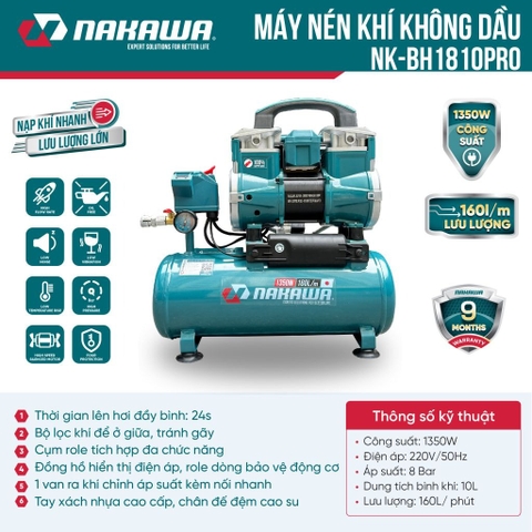 Máy nén khí không dầu, tốc nhanh, siêu êm Nakawa NK-BH1810PRO - 10 lít 1350W