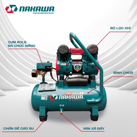 Máy nén khí không dầu, tốc nhanh, siêu êm Nakawa NK-BH1615E - 15 lít 1200W