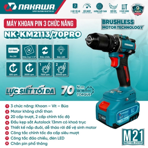 Máy khoan pin 3 chức năng NAKAWA NK-KM2113/70PRO