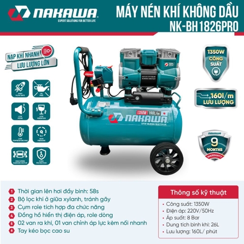 Máy nén khí không dầu, tốc nhanh, siêu êm Nakawa NK-BH1826PRO - 26 lít 1350W