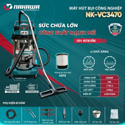 Máy hút bụi công nghiệp NAKAWA NK-VC3470 (3.4Kw-70L)