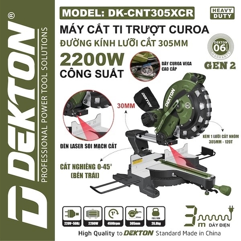 Máy Cắt Nhôm 305mm 2200W Curoa Dekton DK-CNT305XCR Ti Trượt 30mm
