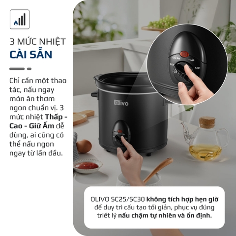 Nồi Nấu Chậm OLIVO SC30 - 3 Mức Nhiệt Cài Sẵn - Điều Khiển Núm Xoay - Lòng Gốm Tráng Men - Nắp Kính Cường Lực - Dung tích 3L