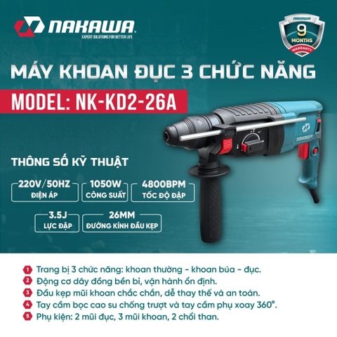 Máy khoan đục 3 chức năng NAKAWA NK-KD2-26A