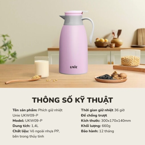Phích giữ nhiệt UNIE UKW09-P, dung tích 1,4L, giữ nhiệt 36 giờ, vòi rót tiện lợi