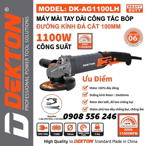 Máy mài tay dài công tắc bóp Dekton DK-AG1100LH 1100W đường kính đá cắt 100mm