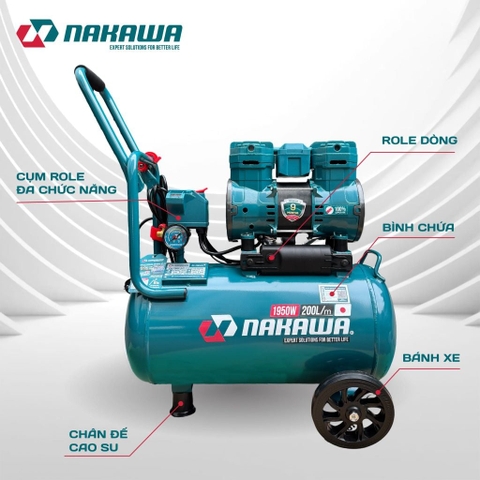Máy nén khí không dầu, tốc nhanh, siêu êm NAKAWA NK-26H32L - 32 lít