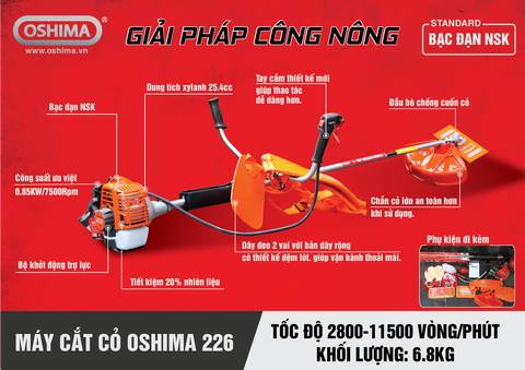 Máy cắt cỏ Oshima 226 850W Cam-xám 2 thì (rời, chết)