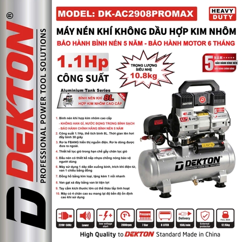 Máy nén khí không dầu Dekton DK-AC2908PROMAX bình nhôm 10 lít