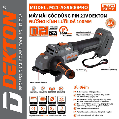 Thân máy mài góc dùng pin 21V Dekton M21-AG9600PRO