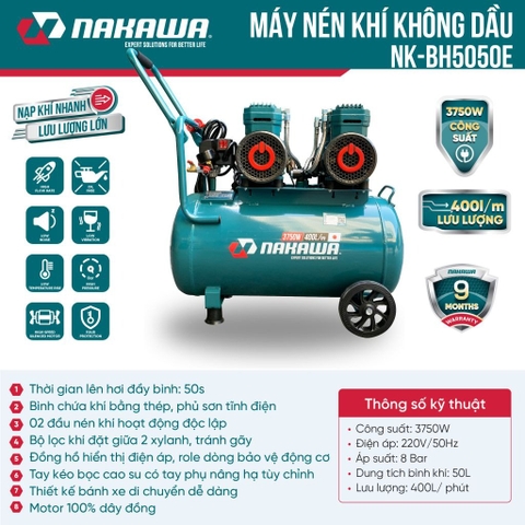Máy nén khí không dầu, tốc nhanh, siêu êm Nakawa NK-BH5050E - 50 lít 3750W
