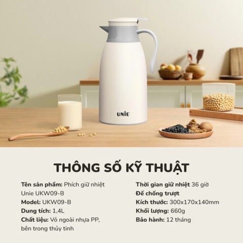 Phích giữ nhiệt UNIE UKW09-B, dung tích 1,4L, giữ nhiệt 36 giờ, vòi rót tiện lợi