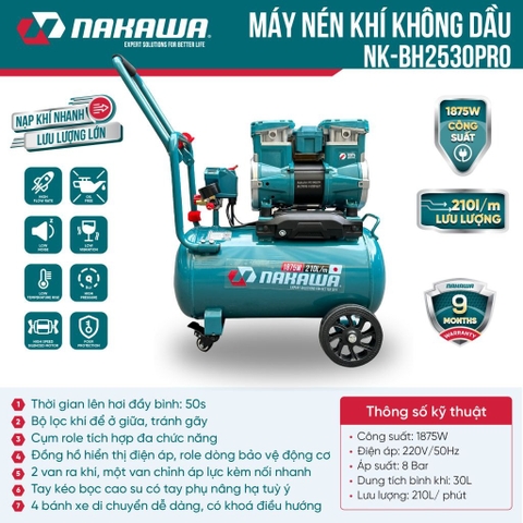 Máy nén khí không dầu, tốc nhanh, siêu êm Nakawa NK-BH2530PRO - 30 lít 1875W