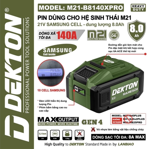 Pin Dekton 21V M21-B8140XPRO, Dung Lượng 8.0Ah, Dòng Xả 140A