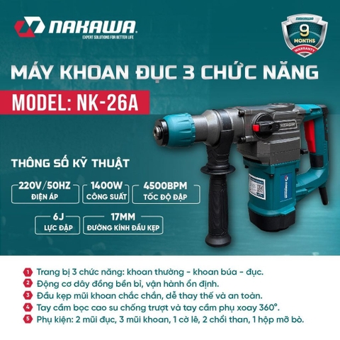 Máy khoan đục 3 chức năng 17mm NAKAWA NK-26A 1400W