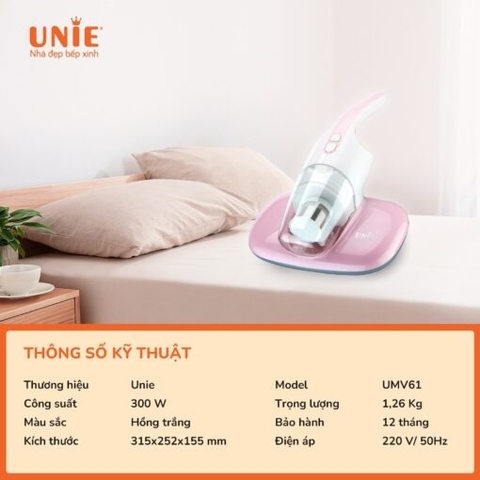 Máy hút bụi chăn đệm UNIE UMV61 lực hút 10500 PA, hệ thống lọc bụi 2 lớp, đèn UV diệt khuẩn đến 99,99%