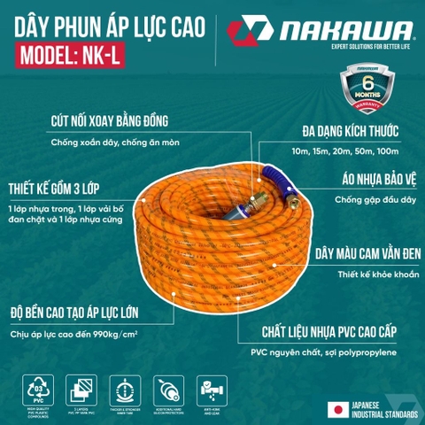 Dây phun áp lực cao NAKAWA NK-L (các kích thước 10, 15, 20, 50m)