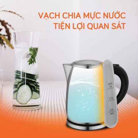 Ấm siêu tốc UNIE UE-300 dung tích 1L, chất liệu inox304 an toàn, vạch chia mức nước dễ quan sát
