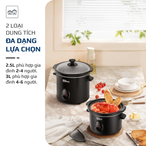 Nồi Nấu Chậm OLIVO SC30 - 3 Mức Nhiệt Cài Sẵn - Điều Khiển Núm Xoay - Lòng Gốm Tráng Men - Nắp Kính Cường Lực - Dung tích 3L