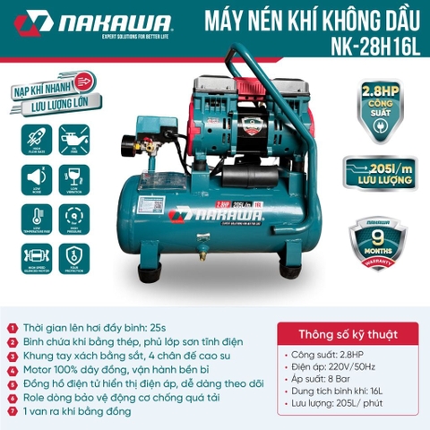 Máy nén khí không dầu, tốc nhanh, siêu êm NAKAWA NK-28H16L - 16 lít