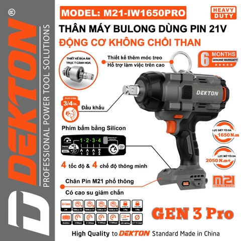 Máy Siết Bulong đầu 3/4 Inch 1650Nm Dùng Pin Phổ Thông Dekton M21-IW1650PRO