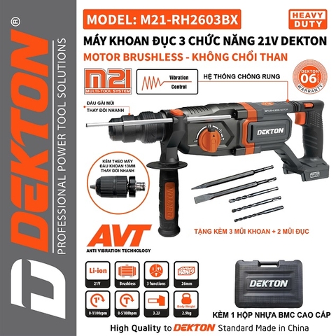 Thân máy khoan đục 3 chức năng dùng pin 21V Dekton M21-RH2603BX