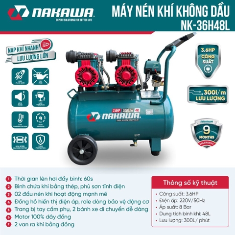 Máy nén khí không dầu, tốc nhanh, siêu êm NAKAWA NK-36H48L - 48 lít