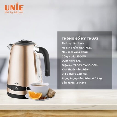 Ấm siêu tốc UNIE UEK1762C dung tích 1.7L, công suất 2200W, dễ dàng tuỳ chỉnh nhiệt độ nước