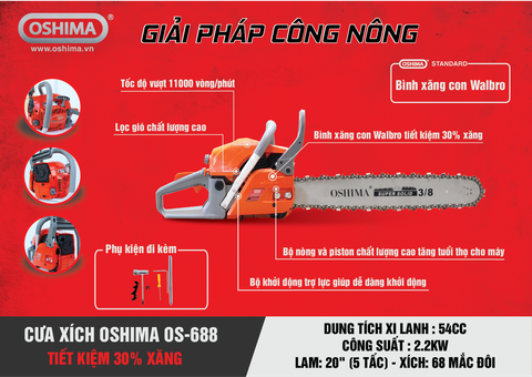 Cưa xích Oshima OS688 54cc Cam 2 thì (không lam xích)