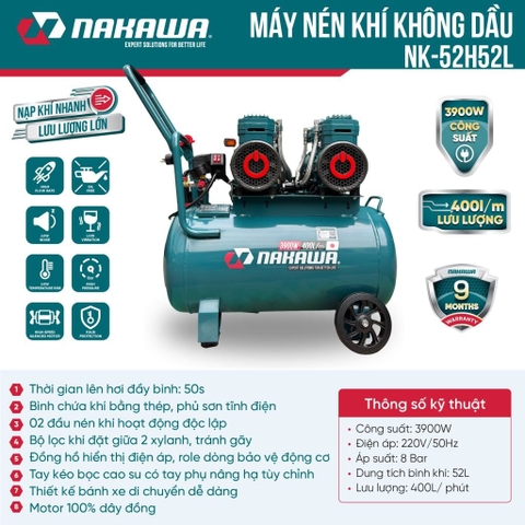 Máy nén khí không dầu, tốc nhanh, siêu êm NAKAWA NK-52H52L - 52 lít