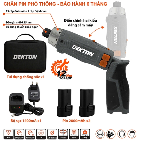 Máy Vặn Vít Gập Dùng Pin 7.2V Dekton DK-VGT12N Màu Xám, Pin 2000mAh X2