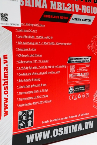 Mở bu lông pin lithium Oshima MBL21V-NG1000N-D3 (Thân Máy)