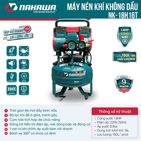 Máy nén khí không dầu, tốc nhanh, siêu êm NAKAWA NK-18H16T - 16 lít