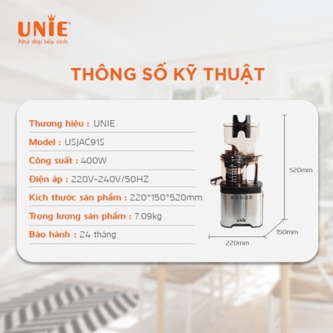 Máy ép chậm UNIE USJAC91S công suất 400W, ống tiếp nguyên liệu 82mm, vận hành êm ái (độ ồn <60dB)